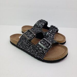 NEW Seekavan Womens Size 6-6.5 Black Glitter Leather Slip On 2 Strap Sandals